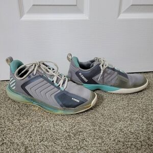 K-Swiss Women's Ultrashot 3 Gray Teal Sneakers with Rainbow Detail, Size 9